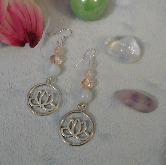Lotus Flower Charm Rose Quartz Moonstone Earrings - Picture 3 of 3